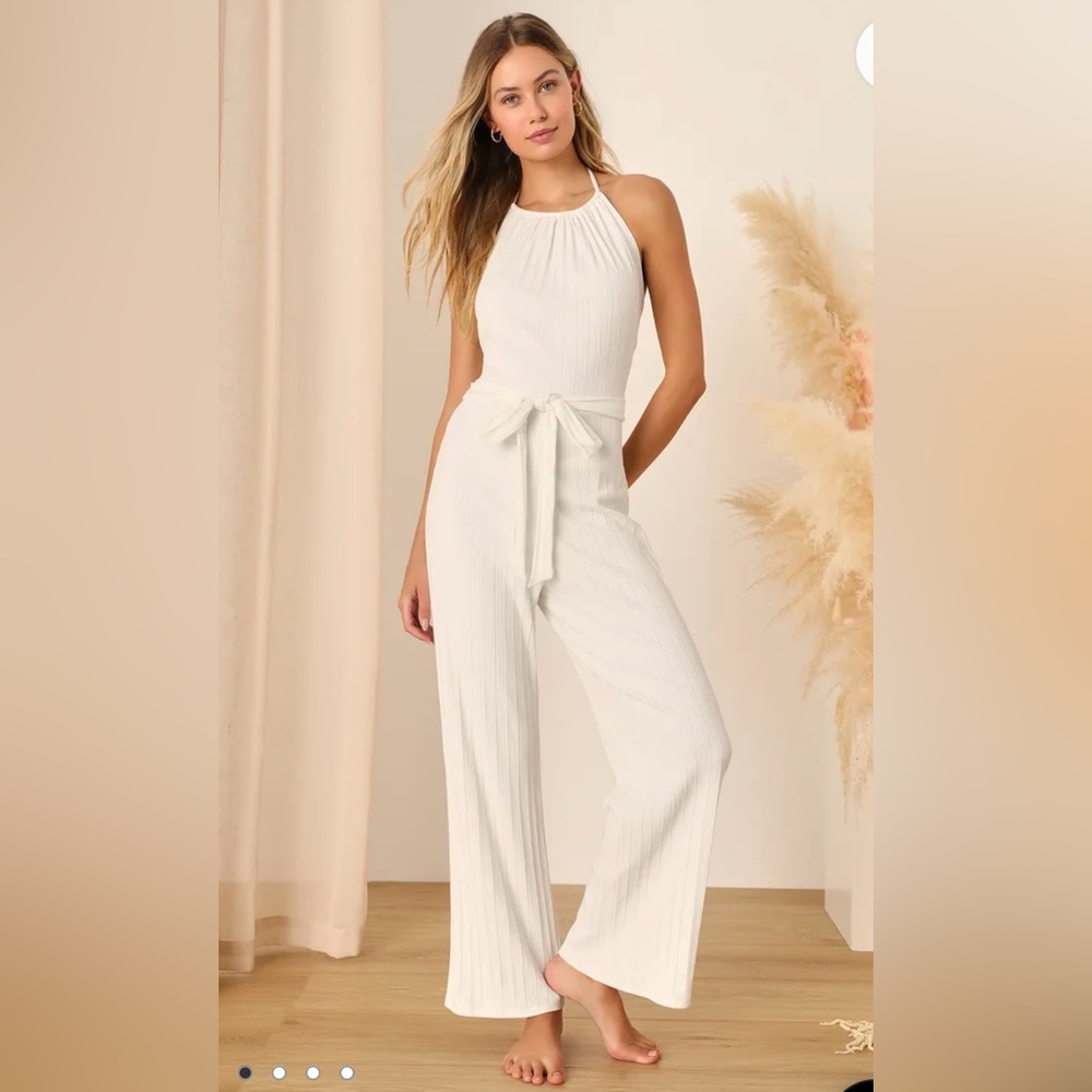New with Tags and Free Shipping! White Ribbed Knit Halter Neck Lounge Jumpsuit